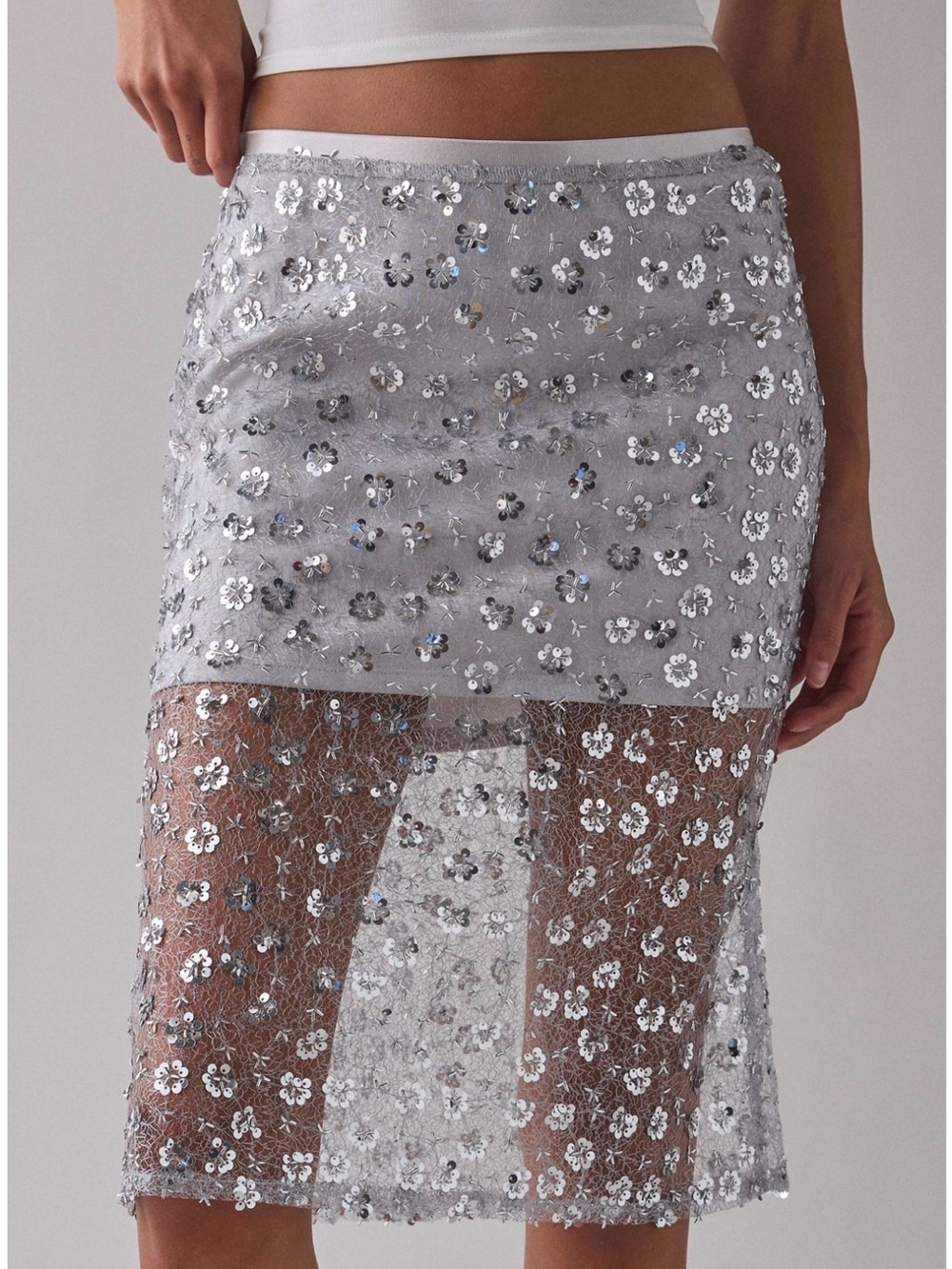Urban Outfitters Silver Sequin Floral Two-Tone Pencil Skirt